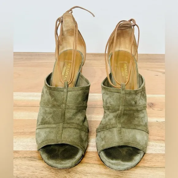 Aquazzura Olive Green Suede Open Toe Chunky Heels Sandals Shoes Size 37.5