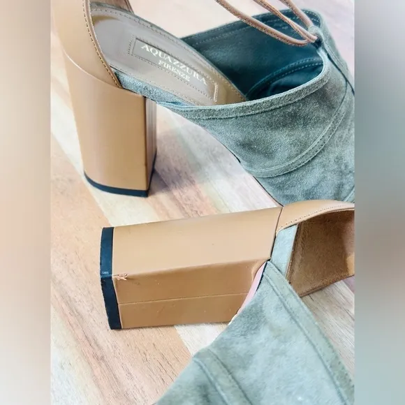 Aquazzura Olive Green Suede Open Toe Chunky Heels Sandals Shoes Size 37.5