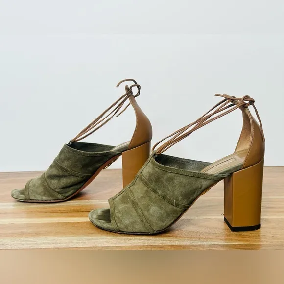 Aquazzura Olive Green Suede Open Toe Chunky Heels Sandals Shoes Size 37.5