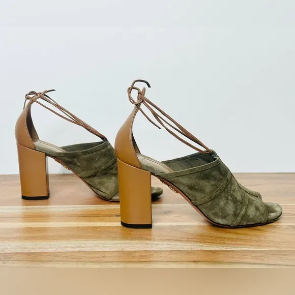 Aquazzura Olive Green Suede Open Toe Chunky Heels Sandals Shoes Size 37.5
