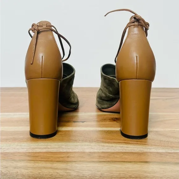 Aquazzura Olive Green Suede Open Toe Chunky Heels Sandals Shoes Size 37.5