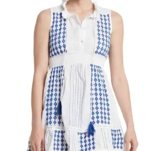Area Stars Tie Neck Sleeveless Dress - Blue &amp; White - Small