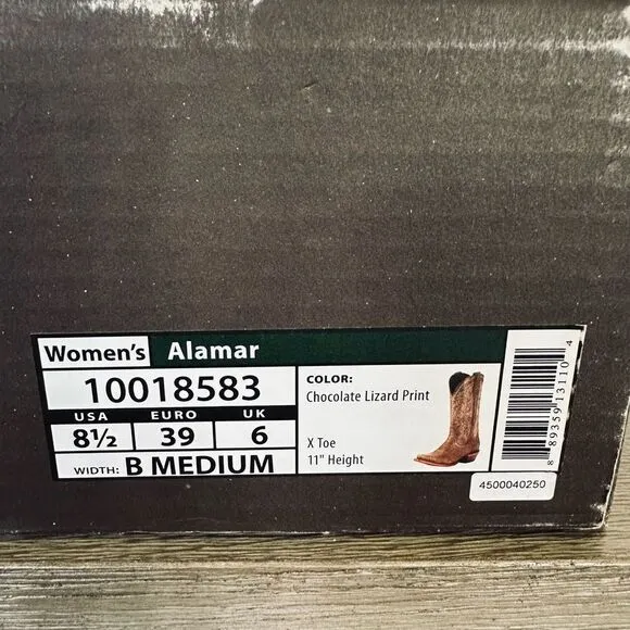 Ariat Alamar Chocolate Brown Lizard Western Cowgirl Cowboy Boots 8.5