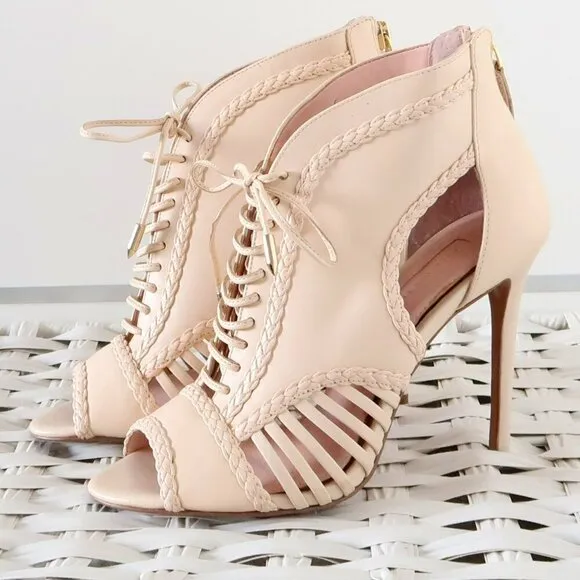 Avec Les Filles Nude Lace-up Cutout Peep Toe Caged Heels Bootie Shoes 6.5