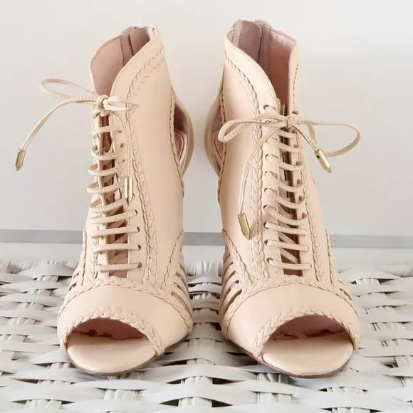 Avec Les Filles Nude Lace-up Cutout Peep Toe Caged Heels Bootie Shoes 6.5