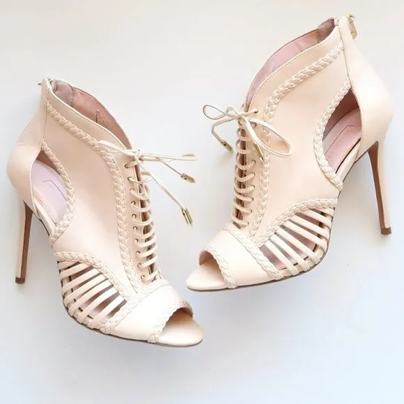 Avec Les Filles Nude Lace-up Cutout Peep Toe Caged Heels Bootie Shoes 6.5