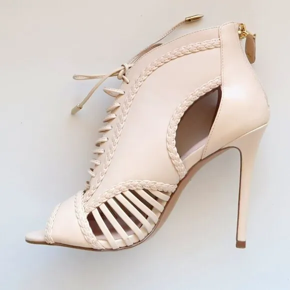 Avec Les Filles Nude Lace-up Cutout Peep Toe Caged Heels Bootie Shoes 6.5