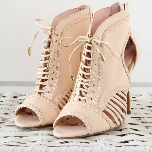 Avec Les Filles Nude Lace-up Cutout Peep Toe Caged Heels Bootie Shoes 6.5