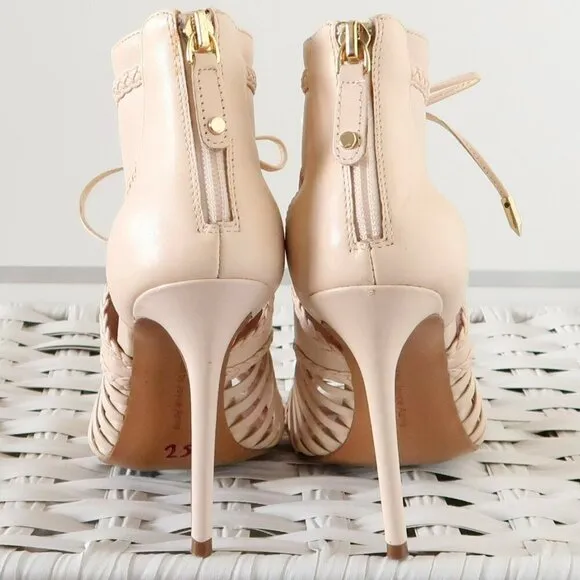 Avec Les Filles Nude Lace-up Cutout Peep Toe Caged Heels Bootie Shoes 6.5