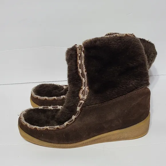 B14 Vintage Quoddy Moccasins Boots Sherpa Leather Snow Brown Women's Size 10