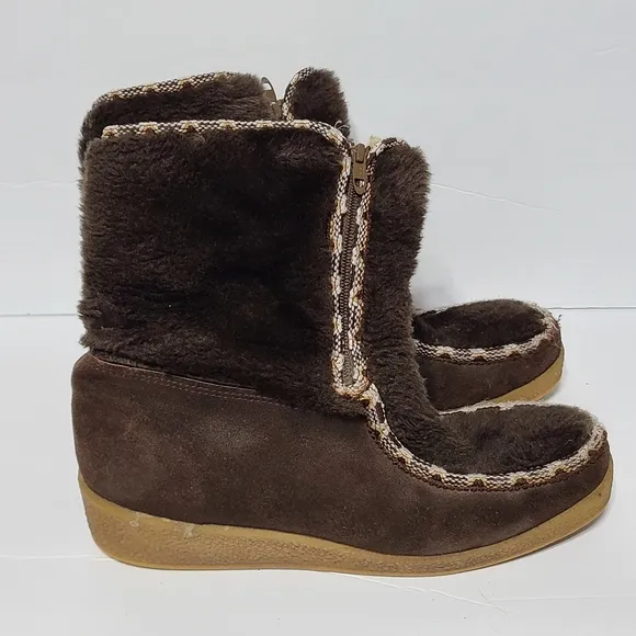 B14 Vintage Quoddy Moccasins Boots Sherpa Leather Snow Brown Women's Size 10