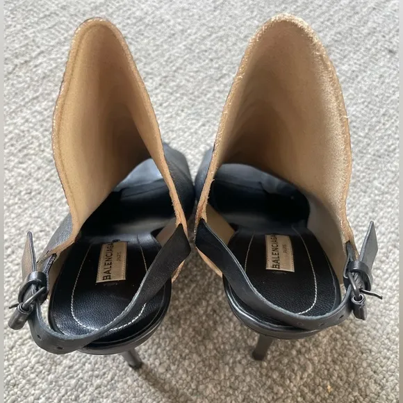BALENCIAGA Slash Black Pebbled Leather Open Toe Stiletto Slingback Heels