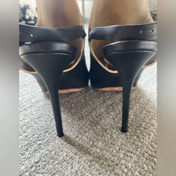 BALENCIAGA Slash Black Pebbled Leather Open Toe Stiletto Slingback Heels