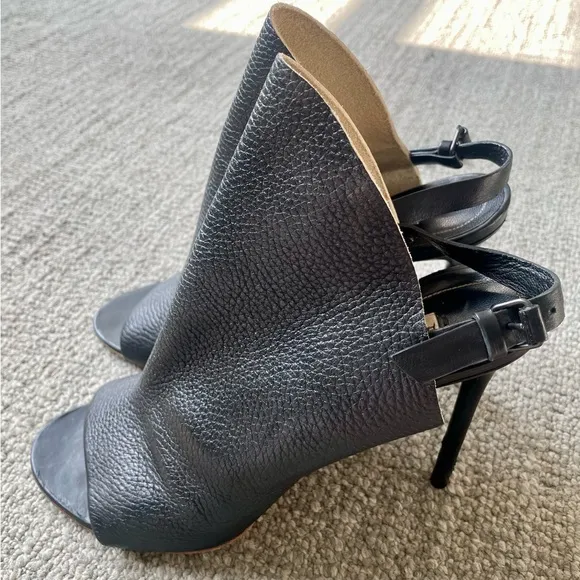 BALENCIAGA Slash Black Pebbled Leather Open Toe Stiletto Slingback Heels