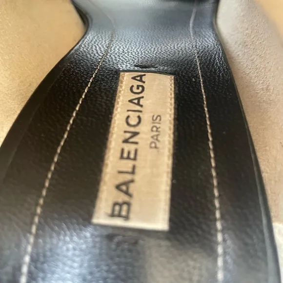 BALENCIAGA Slash Black Pebbled Leather Open Toe Stiletto Slingback Heels