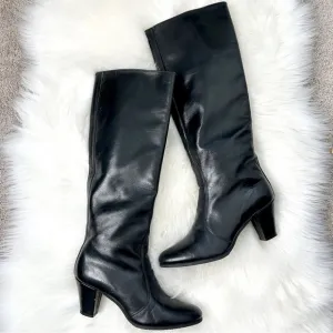 BALLY Vintage Black Leather Tall Knee High Heeled Boots
