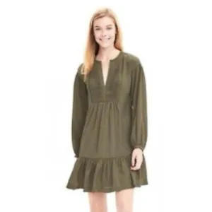 Banana Republic Boho Drop Waist Long Sleeve Pleated Neck Knee Length Dress Olive