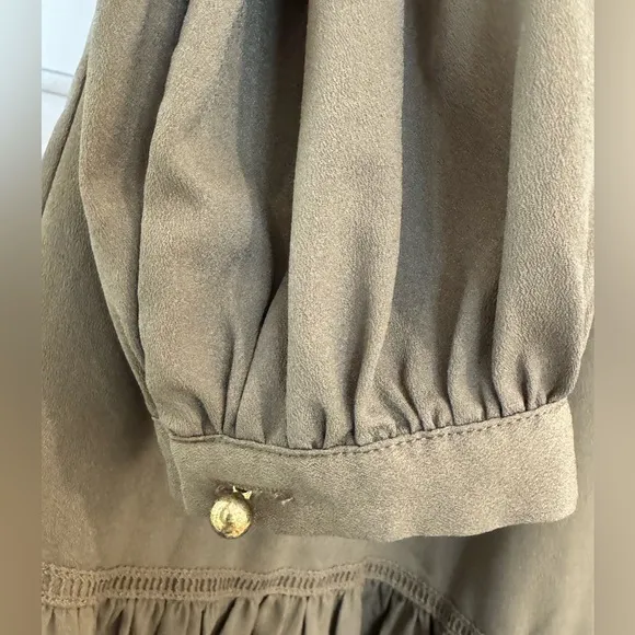 Banana Republic Boho Drop Waist Long Sleeve Pleated Neck Knee Length Dress Olive