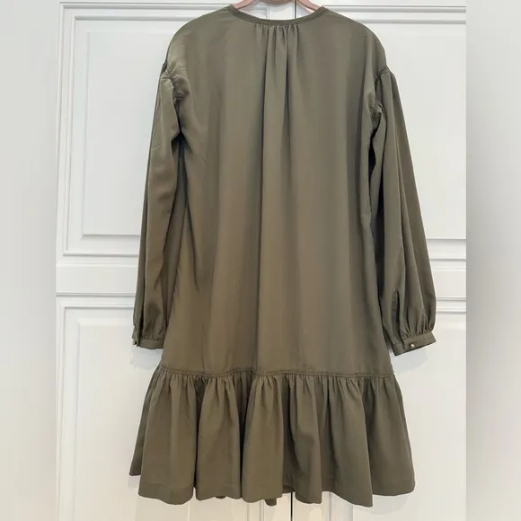 Banana Republic Boho Drop Waist Long Sleeve Pleated Neck Knee Length Dress Olive