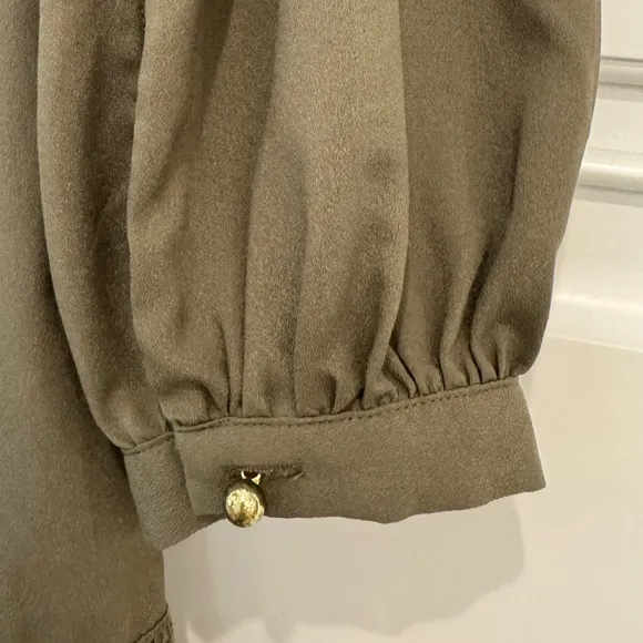 Banana Republic Boho Drop Waist Long Sleeve Pleated Neck Knee Length Dress Olive