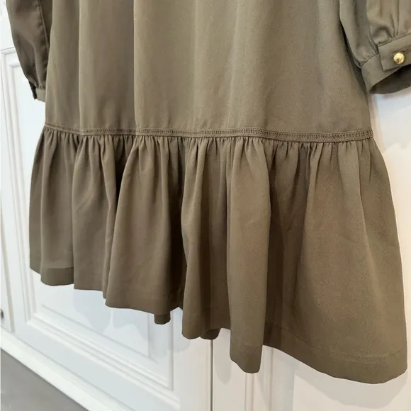 Banana Republic Boho Drop Waist Long Sleeve Pleated Neck Knee Length Dress Olive