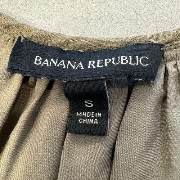 Banana Republic Boho Drop Waist Long Sleeve Pleated Neck Knee Length Dress Olive