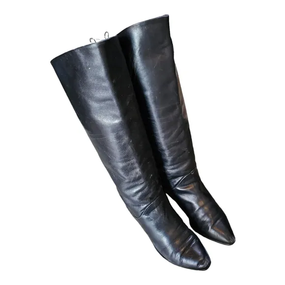 Bandolino Vintage 80s Black Italian Leather Riding Boots Tall Fold Over Size 6.5