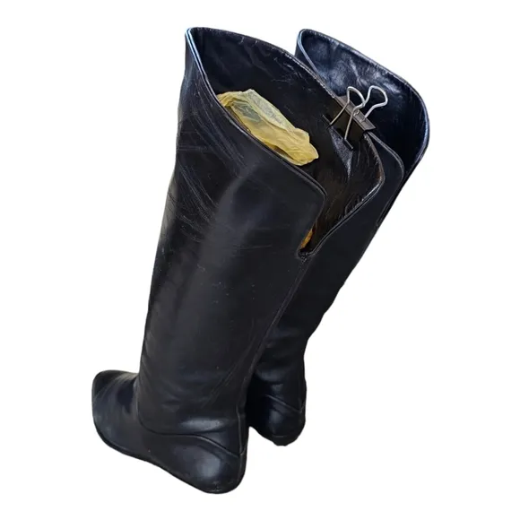 Bandolino Vintage 80s Black Italian Leather Riding Boots Tall Fold Over Size 6.5