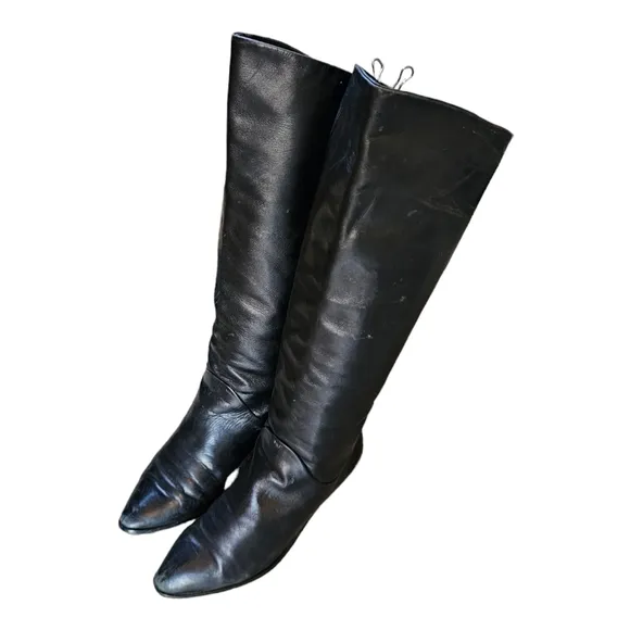 Bandolino Vintage 80s Black Italian Leather Riding Boots Tall Fold Over Size 6.5
