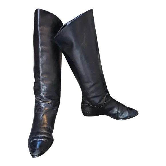 Bandolino Vintage 80s Black Italian Leather Riding Boots Tall Fold Over Size 6.5
