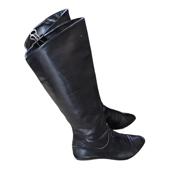 Bandolino Vintage 80s Black Italian Leather Riding Boots Tall Fold Over Size 6.5