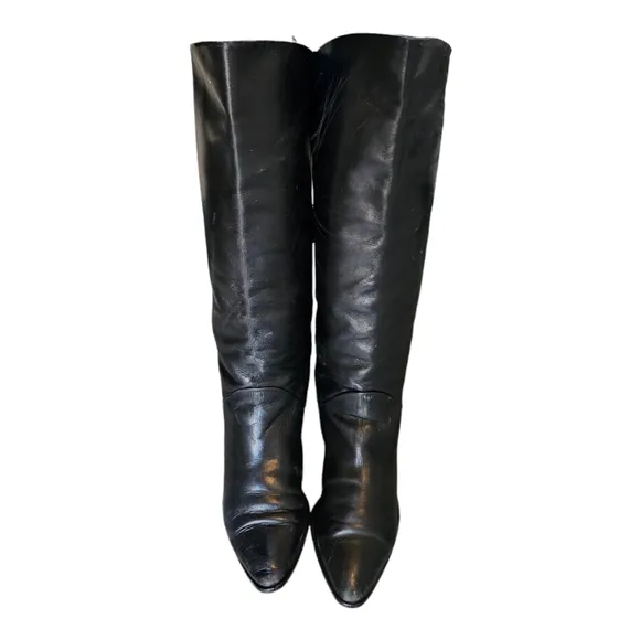 Bandolino Vintage 80s Black Italian Leather Riding Boots Tall Fold Over Size 6.5