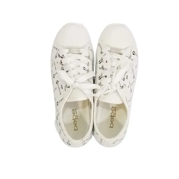 Bebe Sport Womens Denya Logo Print Tennis Shoes Sneakers in Ivory Cream Size 6