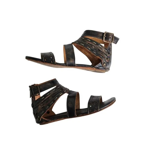 Bed Stu Womens Artemis Sandal Size 6 Black Caged Gladiator Back Zip Strappy Boho