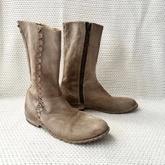 BedStu Beige Khaki Suede Riverpark Combat Boho Whipstitch Tall Mid Calf Boots 9