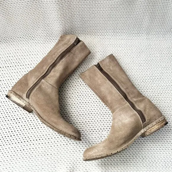 BedStu Beige Khaki Suede Riverpark Combat Boho Whipstitch Tall Mid Calf Boots 9