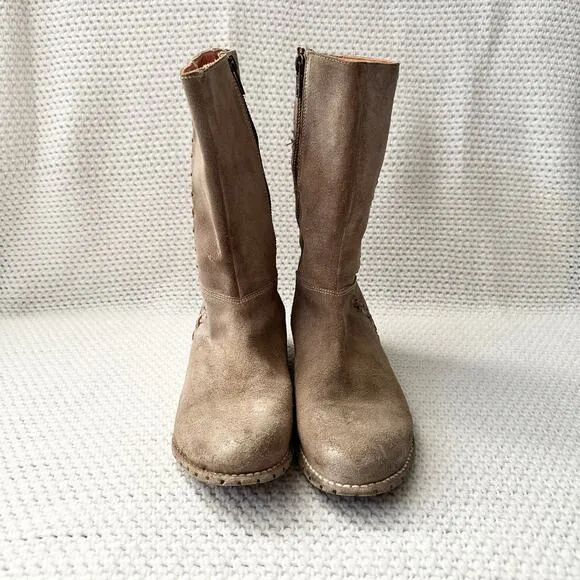 BedStu Beige Khaki Suede Riverpark Combat Boho Whipstitch Tall Mid Calf Boots 9