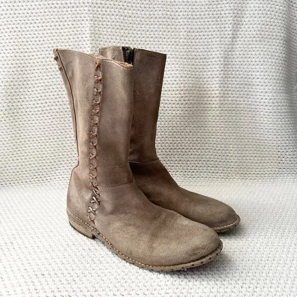BedStu Beige Khaki Suede Riverpark Combat Boho Whipstitch Tall Mid Calf Boots 9