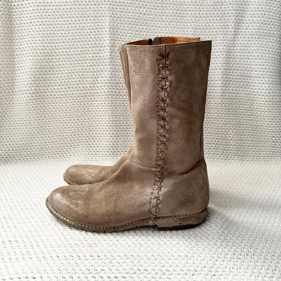BedStu Beige Khaki Suede Riverpark Combat Boho Whipstitch Tall Mid Calf Boots 9