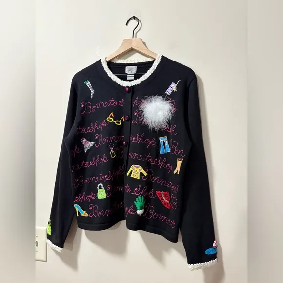berek Born to Shop Embroidered Sequin Beaded Barbie Fashion Sweater Large
