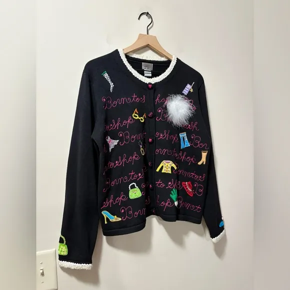 berek Born to Shop Embroidered Sequin Beaded Barbie Fashion Sweater Large
