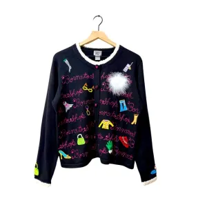 berek Born to Shop Embroidered Sequin Beaded Barbie Fashion Sweater Large