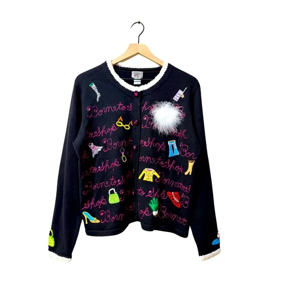 berek Born to Shop Embroidered Sequin Beaded Barbie Fashion Sweater Large
