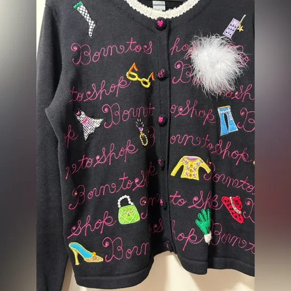 berek Born to Shop Embroidered Sequin Beaded Barbie Fashion Sweater Large