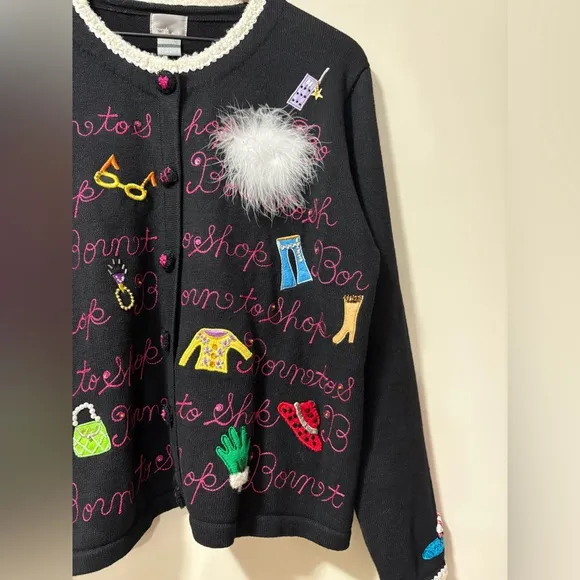 berek Born to Shop Embroidered Sequin Beaded Barbie Fashion Sweater Large