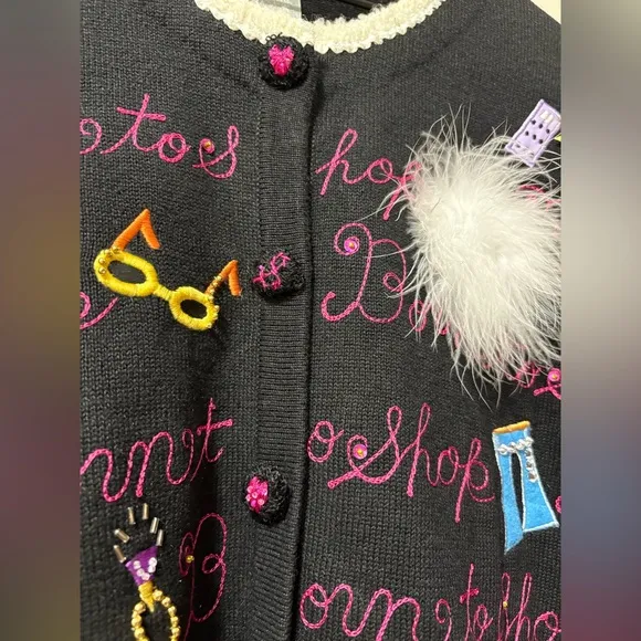 berek Born to Shop Embroidered Sequin Beaded Barbie Fashion Sweater Large