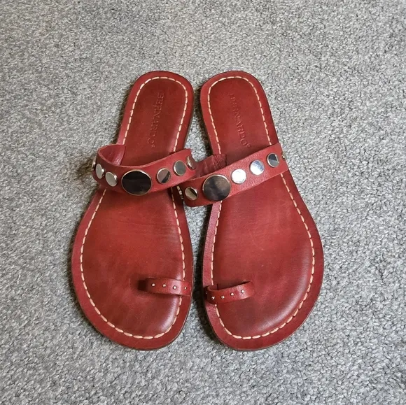 Bernardo Flat Red Leather Silver Metal Accents Sandal Size 7.5 Boho Western