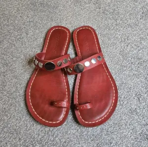 Bernardo Flat Red Leather Silver Metal Accents Sandal Size 7.5 Boho Western