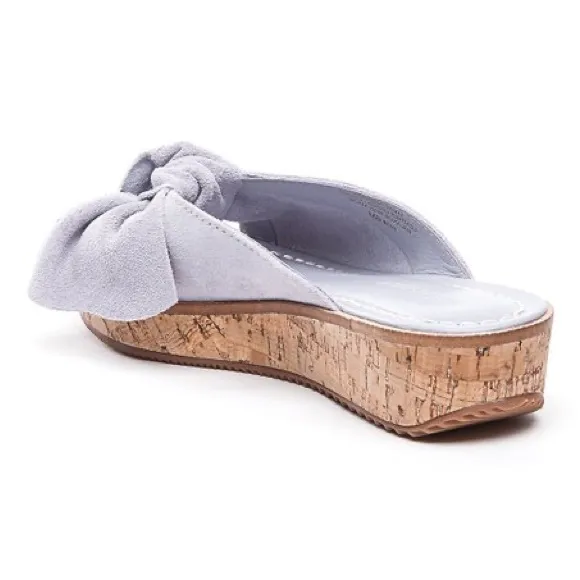 BERNARDO Petra Light Grey Suede Leather Platform Wedge Sandals w Bow Toes NEW