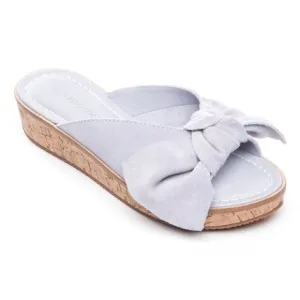 BERNARDO Petra Light Grey Suede Leather Platform Wedge Sandals w Bow Toes NEW